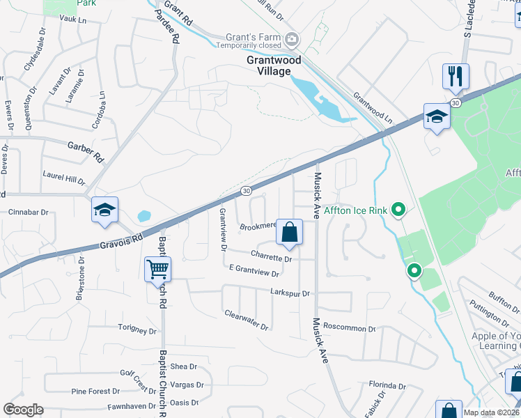 map of restaurants, bars, coffee shops, grocery stores, and more near 9744 Brittleigh Terrace in St. Louis