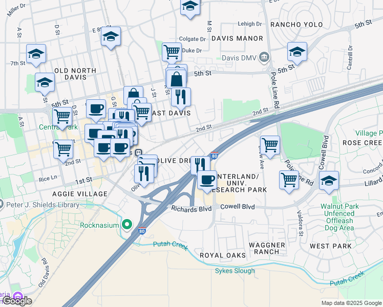 map of restaurants, bars, coffee shops, grocery stores, and more near 1280 Olive Drive in Davis