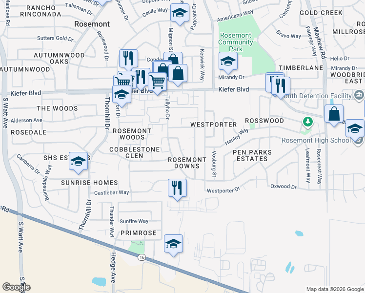 map of restaurants, bars, coffee shops, grocery stores, and more near 3916 Ashgrove Way in Sacramento