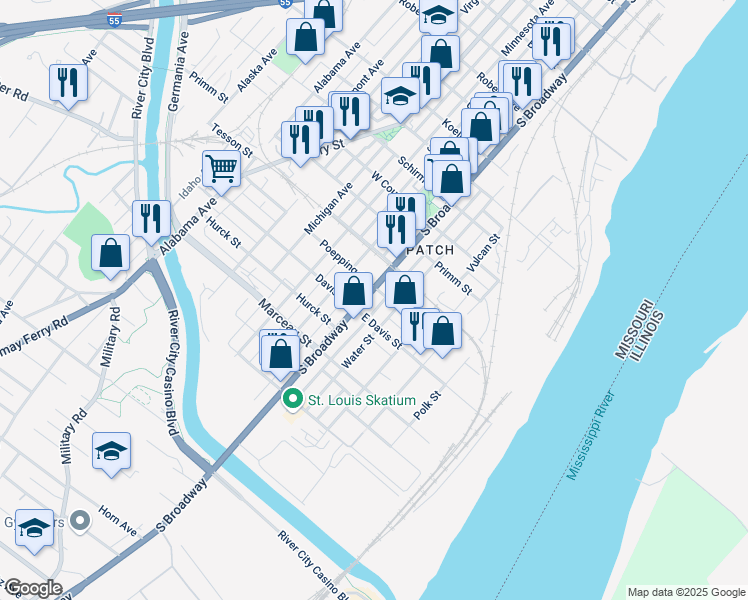 map of restaurants, bars, coffee shops, grocery stores, and more near 8108 South Broadway in St. Louis