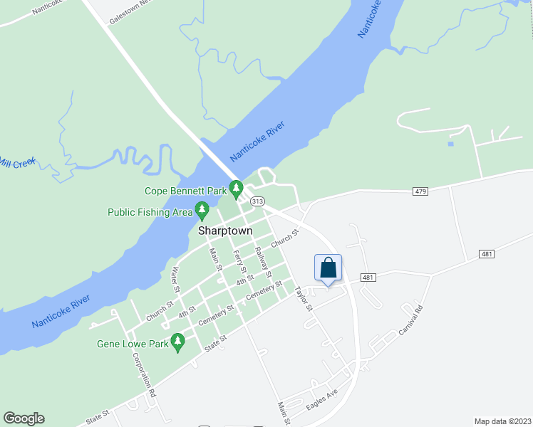 map of restaurants, bars, coffee shops, grocery stores, and more near 100 Water Street in Sharptown