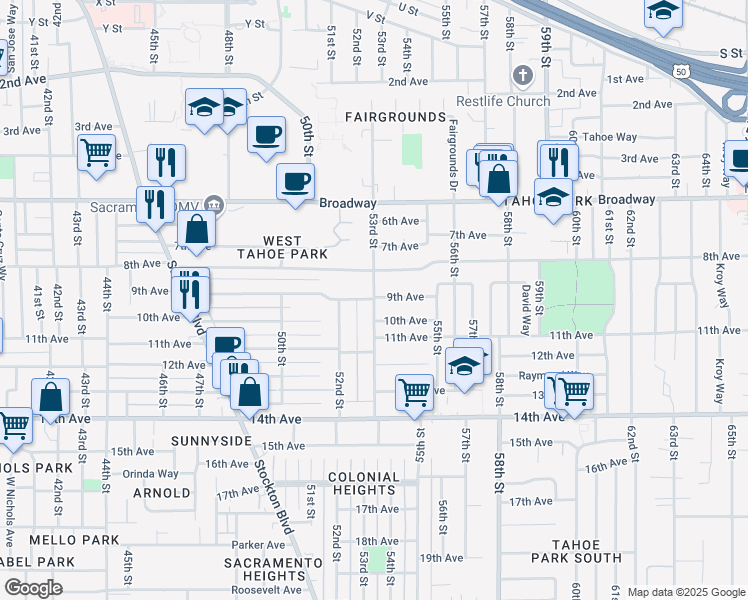map of restaurants, bars, coffee shops, grocery stores, and more near 9th Avenue & 53rd Street in Sacramento