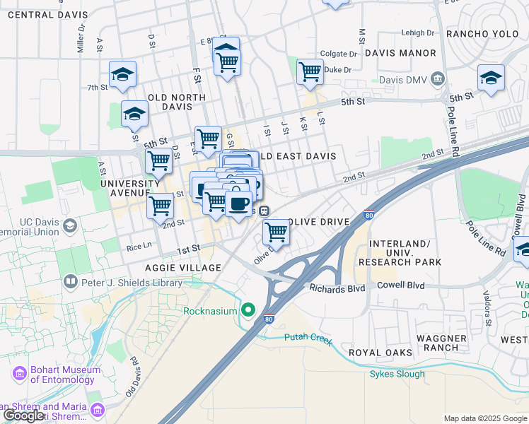 map of restaurants, bars, coffee shops, grocery stores, and more near 200 G Street in Davis