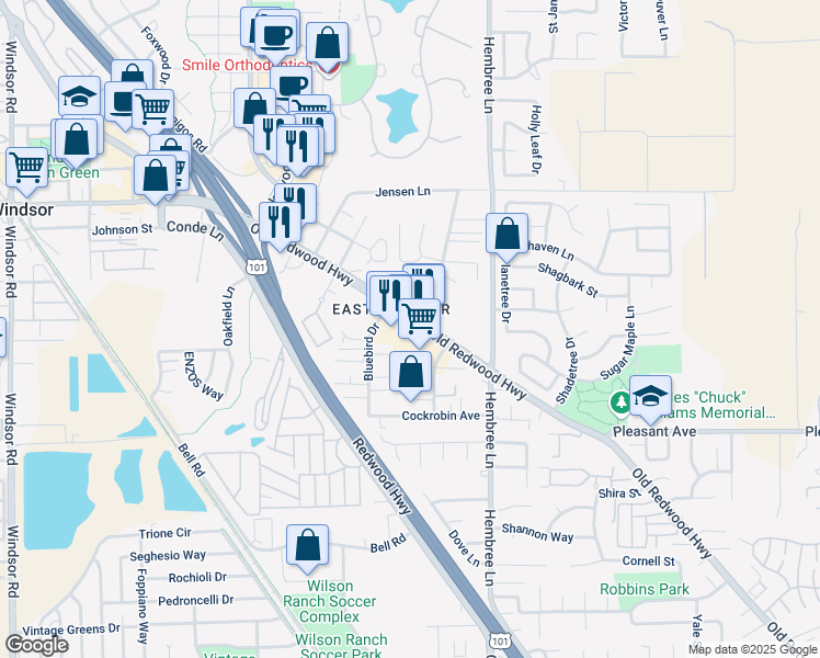 map of restaurants, bars, coffee shops, grocery stores, and more near 8465 Old Redwood Highway in Windsor