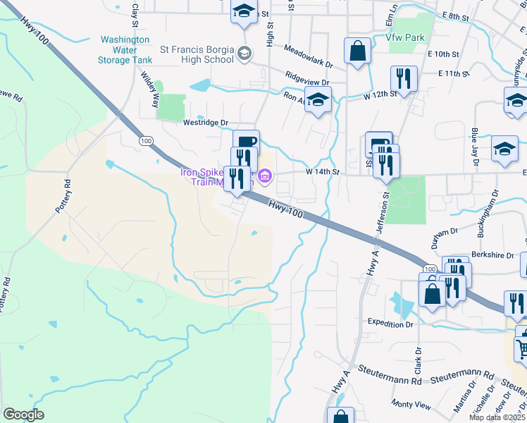 map of restaurants, bars, coffee shops, grocery stores, and more near 6244 Missouri 100 in Washington