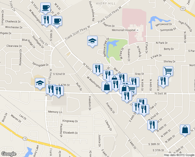 map of restaurants, bars, coffee shops, grocery stores, and more near 4914 West Main Street in Belleville