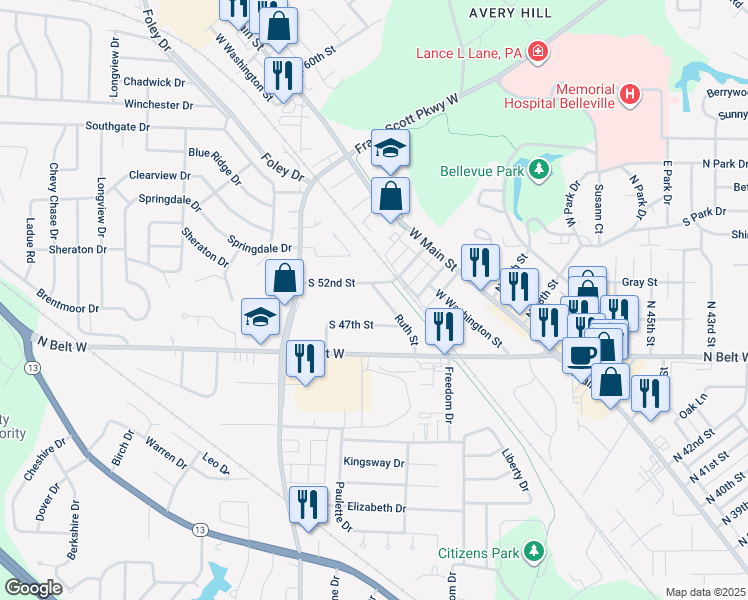 map of restaurants, bars, coffee shops, grocery stores, and more near 301 South 52nd Street in Belleville