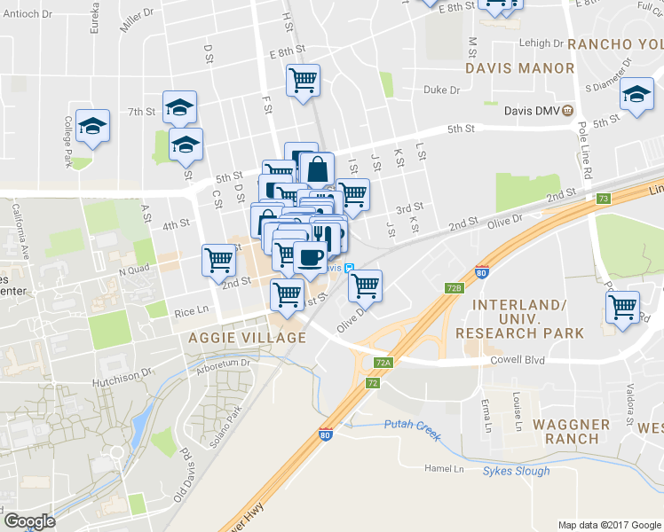 map of restaurants, bars, coffee shops, grocery stores, and more near 130 G Street in Davis