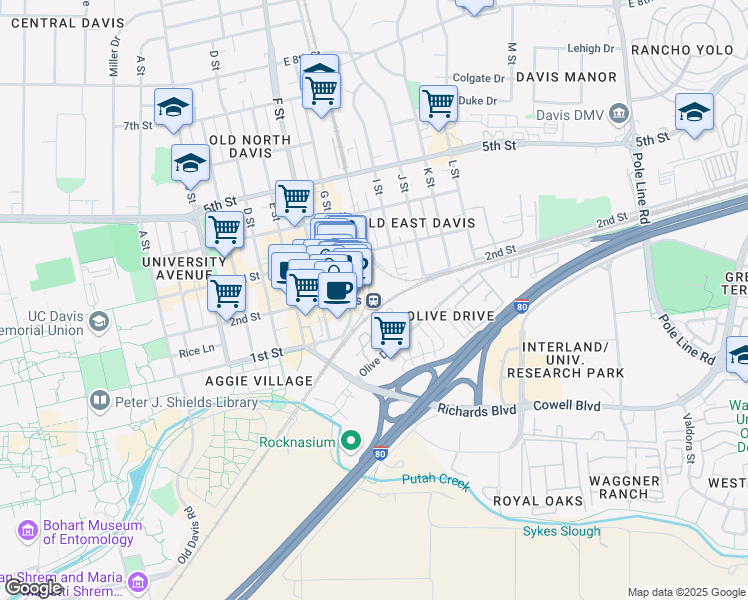 map of restaurants, bars, coffee shops, grocery stores, and more near 200 G Street in Davis