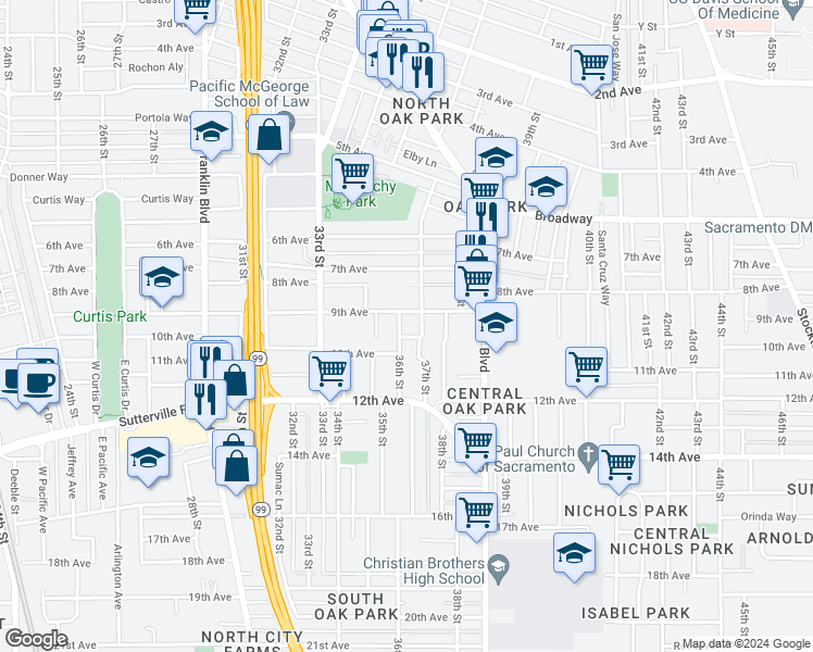 map of restaurants, bars, coffee shops, grocery stores, and more near 3431 36th Street in Sacramento