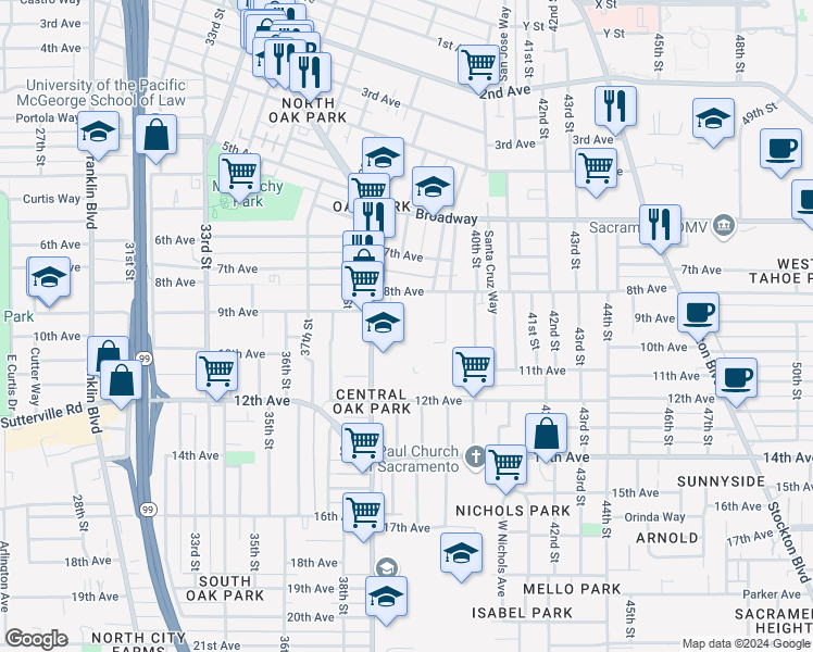 map of restaurants, bars, coffee shops, grocery stores, and more near 3887 9th Avenue in Sacramento