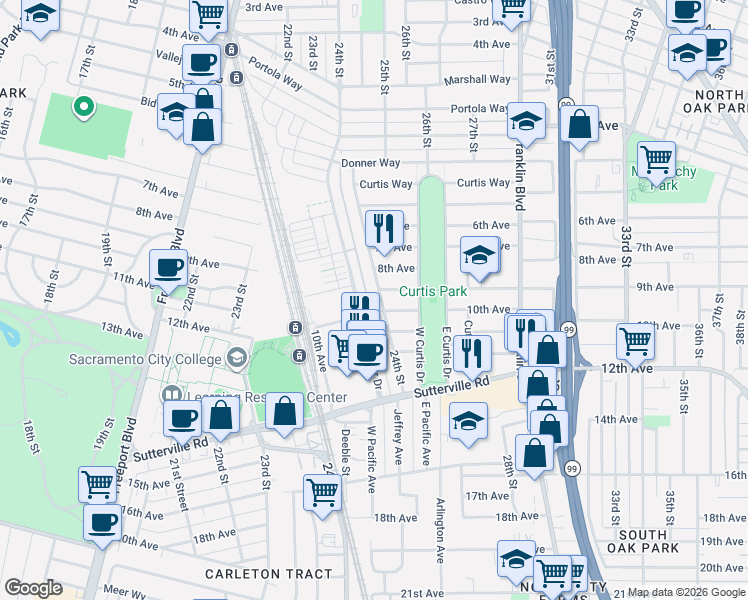 map of restaurants, bars, coffee shops, grocery stores, and more near 3340 24th Street in Sacramento