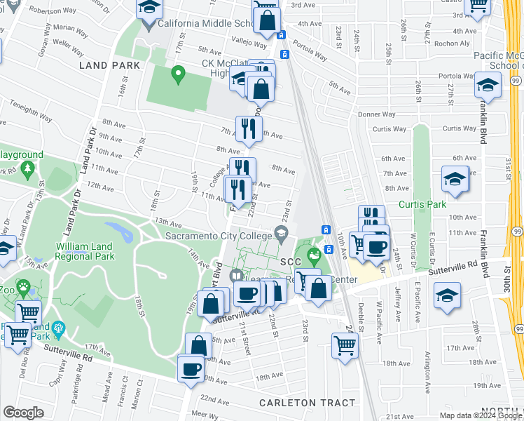 map of restaurants, bars, coffee shops, grocery stores, and more near 3491 22nd Street in Sacramento