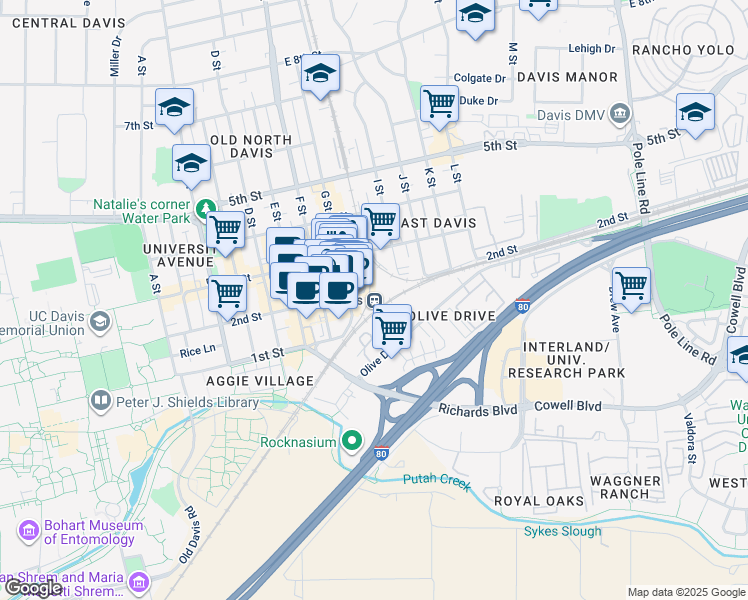 map of restaurants, bars, coffee shops, grocery stores, and more near 200 G Street in Davis