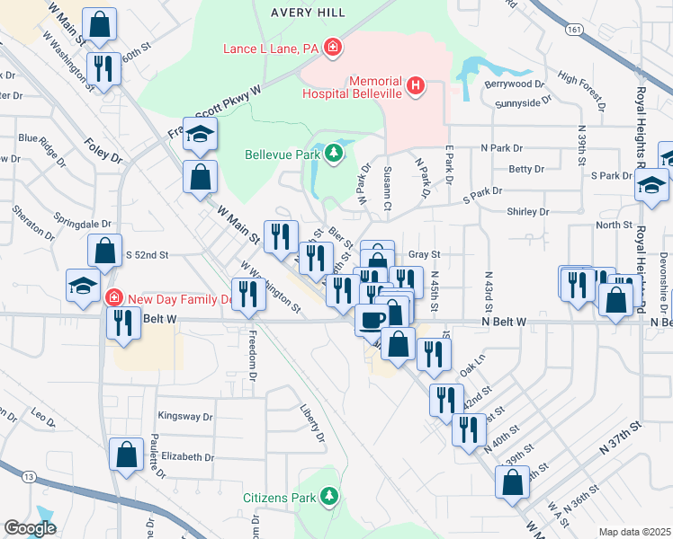 map of restaurants, bars, coffee shops, grocery stores, and more near 101 North 48th Street in Belleville