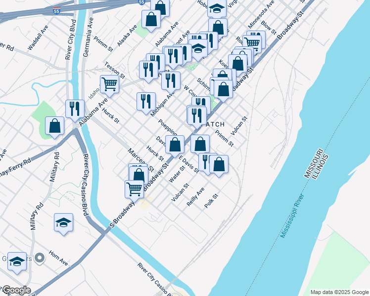 map of restaurants, bars, coffee shops, grocery stores, and more near 8106 South Broadway in St. Louis