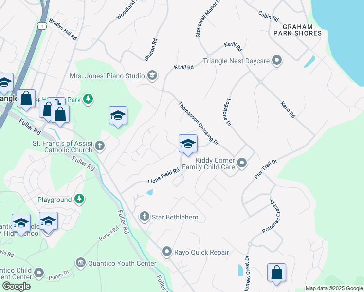 map of restaurants, bars, coffee shops, grocery stores, and more near 18947 Highland Park Drive in Triangle