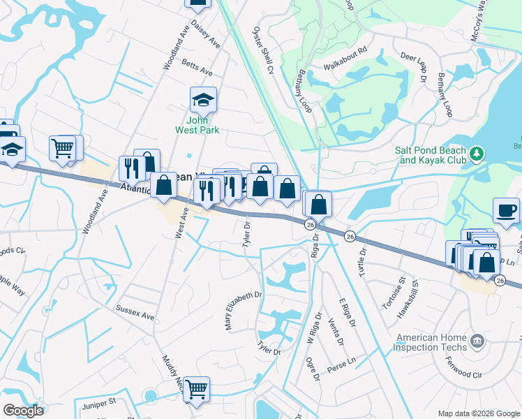 map of restaurants, bars, coffee shops, grocery stores, and more near 2 Town Road in Ocean View