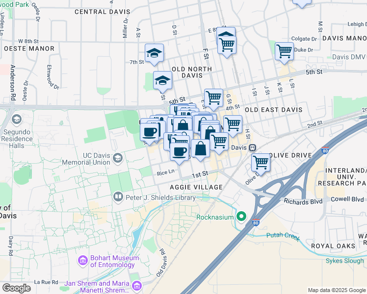 map of restaurants, bars, coffee shops, grocery stores, and more near 327 3rd Street in Davis