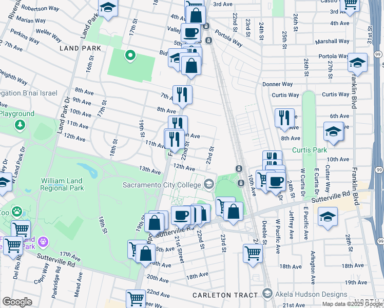 map of restaurants, bars, coffee shops, grocery stores, and more near 2231 11th Avenue in Sacramento