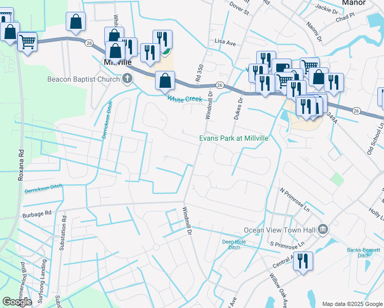 map of restaurants, bars, coffee shops, grocery stores, and more near 36313 Ridgeshore Lane in Millville