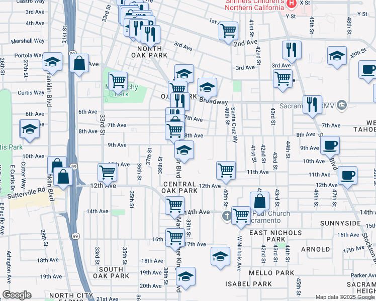 map of restaurants, bars, coffee shops, grocery stores, and more near 3425 Martin Luther King Junior Boulevard in Sacramento