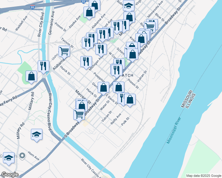 map of restaurants, bars, coffee shops, grocery stores, and more near 8101 South Broadway in St. Louis