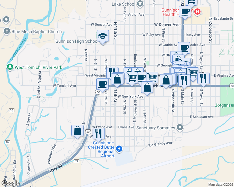 map of restaurants, bars, coffee shops, grocery stores, and more near 109 South 11th Street in Gunnison