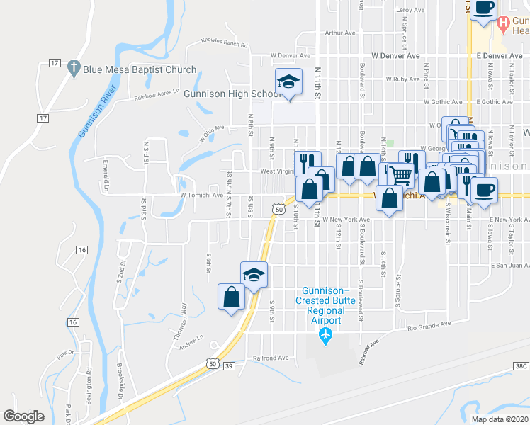 map of restaurants, bars, coffee shops, grocery stores, and more near 1000 West New York Avenue in Gunnison