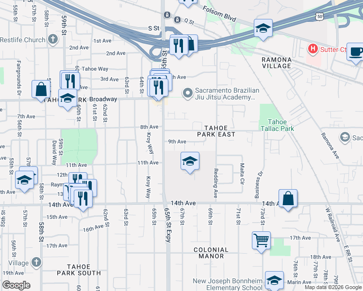 map of restaurants, bars, coffee shops, grocery stores, and more near 6621 9th Avenue in Sacramento