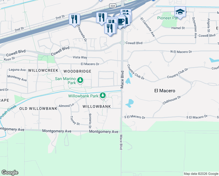 map of restaurants, bars, coffee shops, grocery stores, and more near 4505 San Marino Drive in Davis