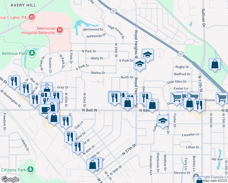 map of restaurants, bars, coffee shops, grocery stores, and more near 543 North 40th Street in Belleville