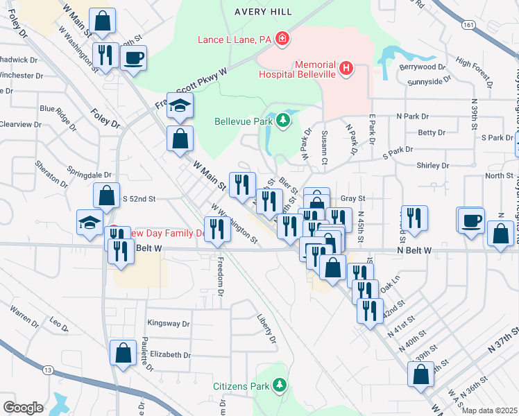 map of restaurants, bars, coffee shops, grocery stores, and more near 4824 Walter Street in Belleville