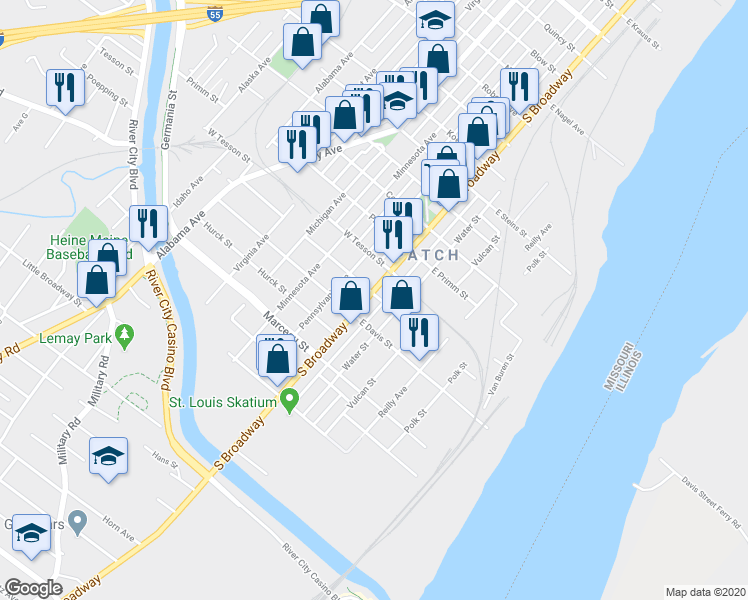 map of restaurants, bars, coffee shops, grocery stores, and more near 8101 South Broadway in St. Louis