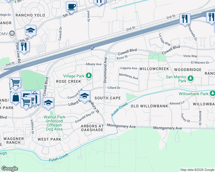 map of restaurants, bars, coffee shops, grocery stores, and more near 3107 Lillard Drive in Davis