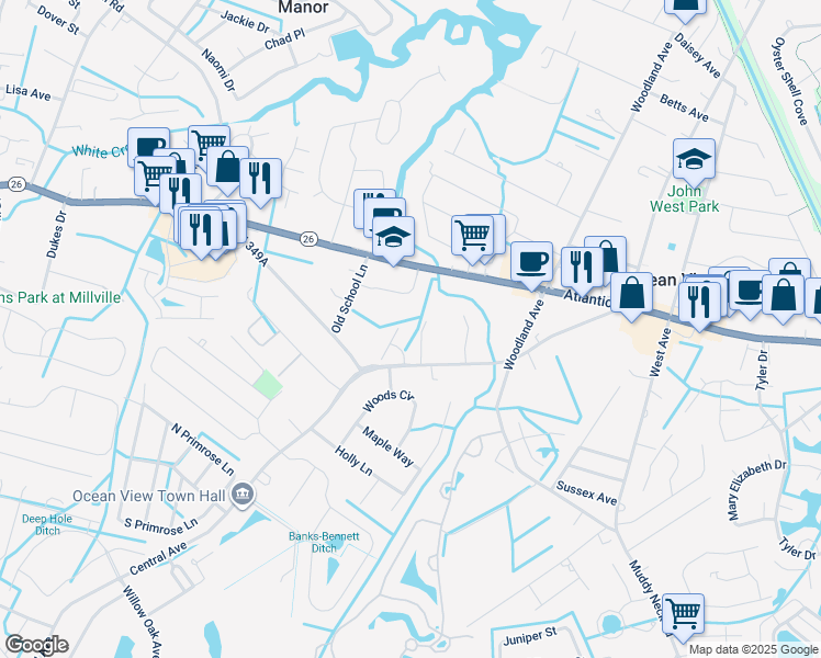 map of restaurants, bars, coffee shops, grocery stores, and more near 9 Lake Village Circle in Ocean View
