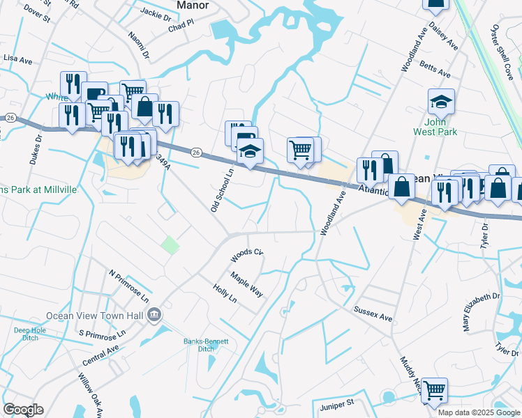 map of restaurants, bars, coffee shops, grocery stores, and more near 9 Lake Village Circle in Ocean View