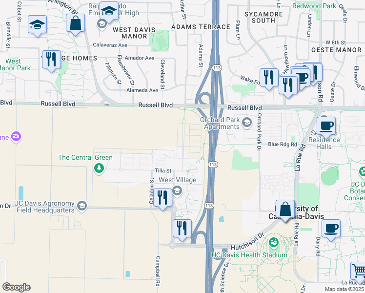 map of restaurants, bars, coffee shops, grocery stores, and more near Zelkova Street in Davis