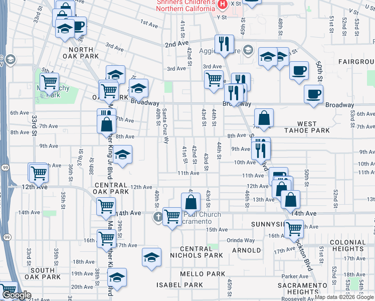 map of restaurants, bars, coffee shops, grocery stores, and more near 3340 42nd Street in Sacramento