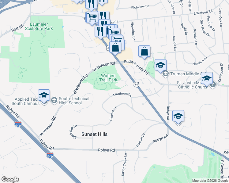 map of restaurants, bars, coffee shops, grocery stores, and more near 12443 Matthews Lane in St. Louis