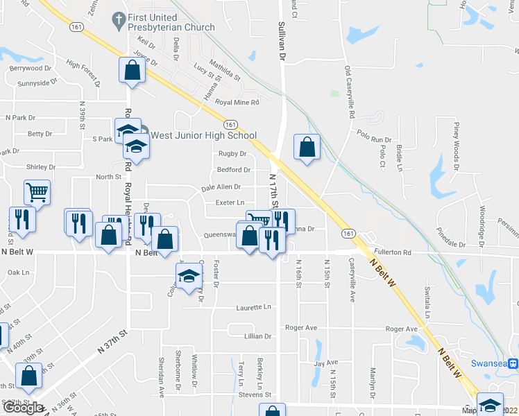 map of restaurants, bars, coffee shops, grocery stores, and more near 16 Chaucer Drive in Belleville