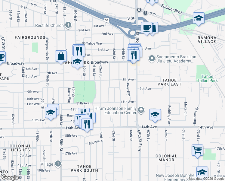 map of restaurants, bars, coffee shops, grocery stores, and more near 6333 9th Avenue in Sacramento