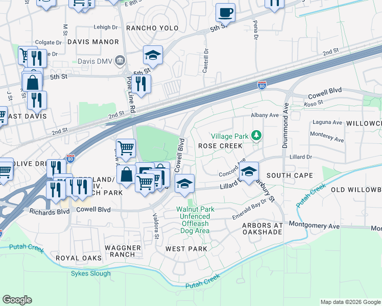 map of restaurants, bars, coffee shops, grocery stores, and more near 1143 Greene Terrace in Davis