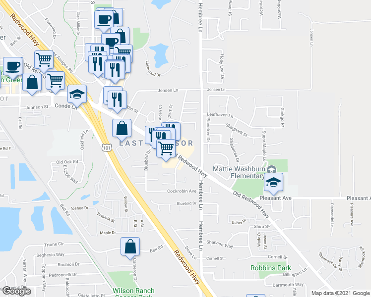 map of restaurants, bars, coffee shops, grocery stores, and more near 8400 Old Redwood Highway in Windsor
