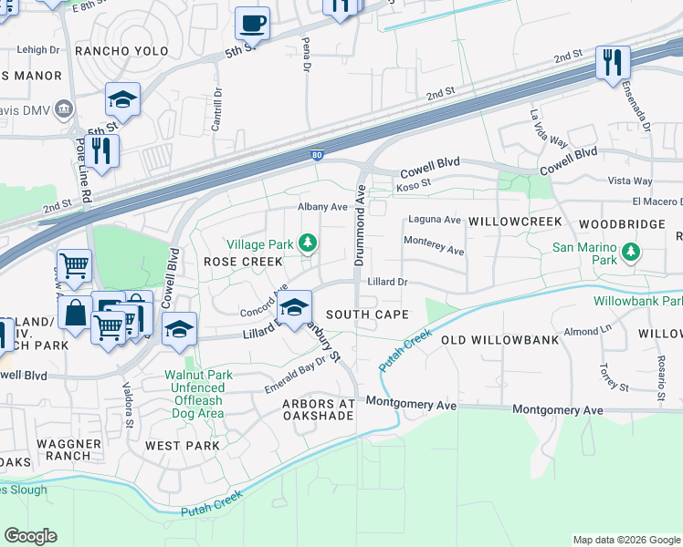 map of restaurants, bars, coffee shops, grocery stores, and more near 3018 Concord Place in Davis