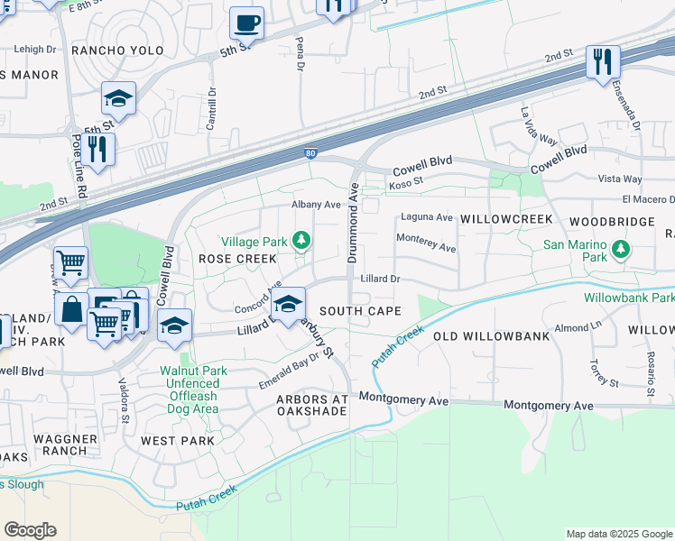 map of restaurants, bars, coffee shops, grocery stores, and more near 3025 Lillard Drive in Davis