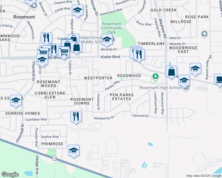 map of restaurants, bars, coffee shops, grocery stores, and more near 9300 Henley Way in Sacramento