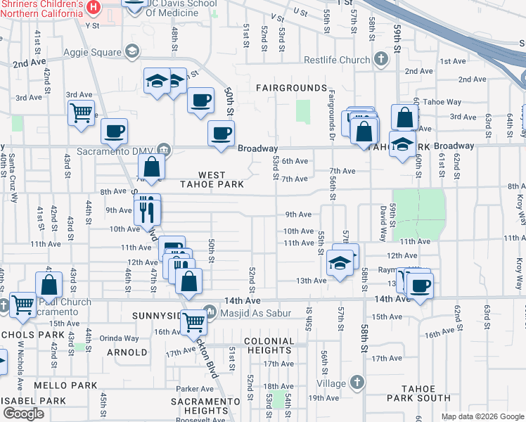 map of restaurants, bars, coffee shops, grocery stores, and more near 3300 53rd Street in Sacramento