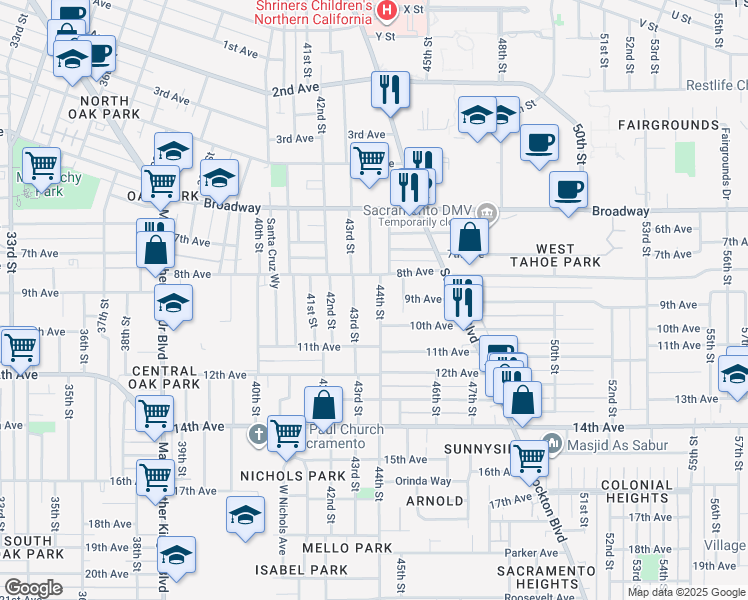 map of restaurants, bars, coffee shops, grocery stores, and more near 3333 44th Street in Sacramento