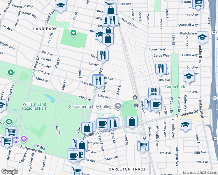 map of restaurants, bars, coffee shops, grocery stores, and more near 3491 22nd Street in Sacramento